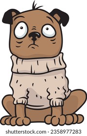 Funny cartoon illustration of cute pug dog dressed in sweater with wool collar