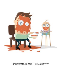 Funny Cartoon Illustration Of A Dad Feeding The Baby