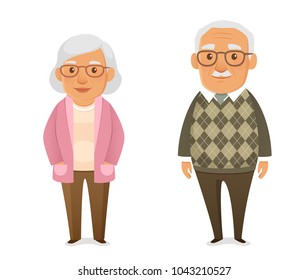 Funny Cartoon Illustration Of An Elderly Couple. Nice Old People In Casual Fashion, Smiling. Isolated On White.