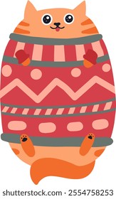 Funny cartoon illustration featuring a chubby ginger cat wearing a vibrant red christmas sweater adorned with playful geometric patterns, proudly displaying its paws and tail