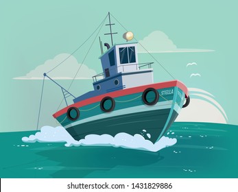 funny cartoon illustration of a fishing boat