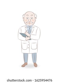 Funny cartoon illustration of a friendly doctor white coat.Isolated vector on a white background