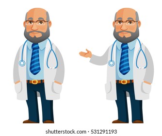 funny cartoon illustration of a friendly doctor. Friendly old man, working in health care.