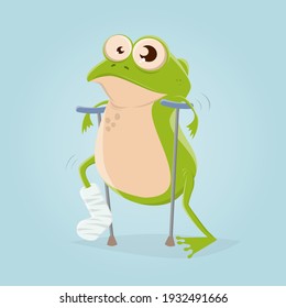 funny cartoon illustration of a frog with broken leg