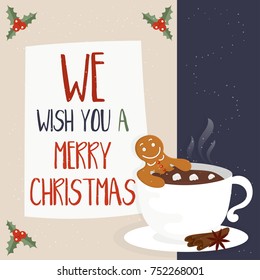 Funny cartoon illustration with gingerbread man in cup of hot chocolate. For holiday theme  on winter background. Greeting card for Merry Christmas and Happy New Year. Vector