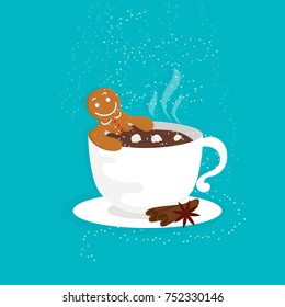 Funny cartoon illustration with gingerbread man in cup of hot chocolate. For holiday theme  on winter background. Greeting card for Merry Christmas and Happy New Year. Vector