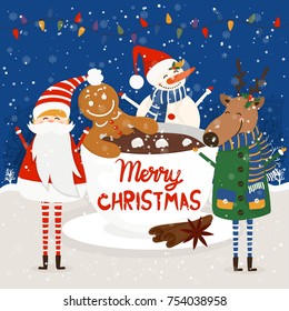 Funny cartoon illustration with gingerbread man in cup of hot chocolate and Santa Claus,deer and snowman. For holiday theme  on winter background. Greeting card for Merry Christmas .Vector