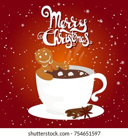 Funny cartoon illustration with gingerbread man in cup of hot chocolate. For holiday theme  on winter background. Greeting card for Merry Christmas and Happy New Year. Vector illustration