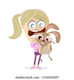 funny cartoon illustration of a girl cuddling a bunny