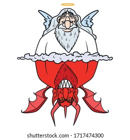 funny cartoon illustration of god and devil. above and below, heaven and hell.