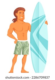 funny cartoon illustration of a handsome man in summer beach shorts, holding a blue surfboard. Smiling young surfer, isolated on white. Vector eps file.