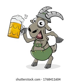 funny cartoon illustration of a happy bavarian goat with beer