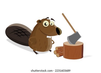 funny cartoon illustration of a happy beaver making firewood