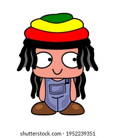 Funny cartoon illustration - Happy child with a colorful Jamaican hat, a denim overalls, Rastafarian look and a pair of beautiful brown shoes. - Design, Games