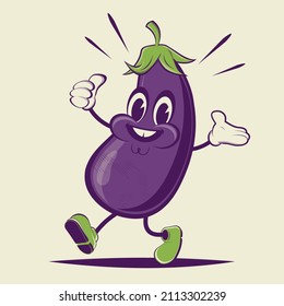funny cartoon illustration of a happy eggplant in retro style