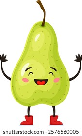 Funny cartoon illustration of a happy green pear wearing red boots, waving and smiling, isolated on white background, ideal for healthy eating and children projects