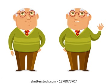 funny cartoon illustration of a happy senior man with glasses. Cute old man in green sweater, cartoon character. Vector eps file.