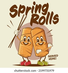 funny cartoon illustration of happy spring rolls