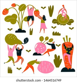 Funny cartoon illustration of harvesting people. Vector collection.