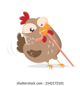 funny cartoon illustration of a hen pulling hard on a worm