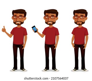 funny cartoon illustration of an Indian man, in casual wear, holding a cell phone, giving thumbs up or standing with hands in his pocket. Handsome cartoon character.