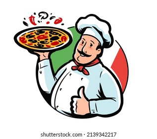 Funny cartoon illustration Italian chef holding delicious pizza. Restaurant, pizzeria emblem vector illustration