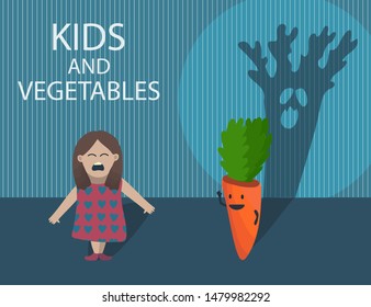 Funny cartoon illustration with little girl who afraid of vegetable character - orange carrot behind her with big ugly evil shade. Crying child don't like vegetables. Dark scary room. Creative concept