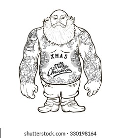 Funny cartoon illustration of mighty Santa Claus chest with Christmas tattoos with greeting.