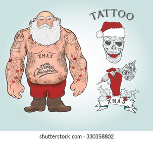 Funny cartoon illustration of mighty Santa Claus chest with Christmas tattoos with greeting. Tattoo salon