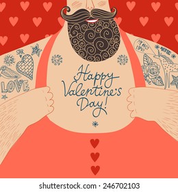 Funny cartoon illustration of mighty sexy men chest with love  tattoos and Happy Valentine's day  greeting. 