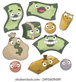 Funny cartoon illustration of money characters. Happy smiling banknotes and coins. Cash with faces. Wealth bucks bills gold bar. Flat colors. White background