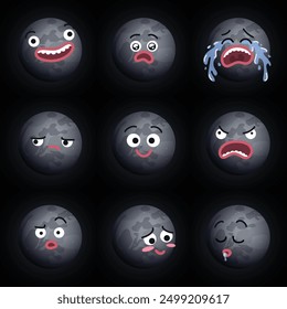 Divertida ilustración de dibujos animados de la Luna con diferentes expresiones. Sonriendo sorprendido llorando triste feliz enojado confundido sonrojándose caras durmientes emojis. Colores planos