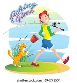 Funny, funny cartoon illustration on the theme of summer fishing. A smiling guy walks on a fishing trip with a bucket and a fishing rod. A red cat sneaks behind in anticipation of the fish.