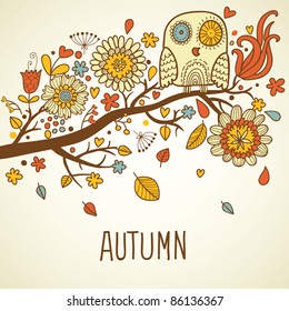 Funny cartoon illustration, with an owl sitting on the branch