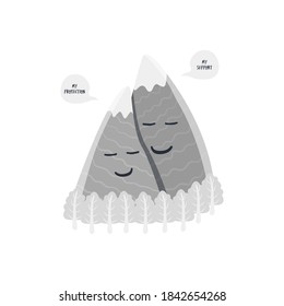 Funny cartoon illustration with a pair of mountains and speech bubbles with the phrases my protection, my support. Flat vector for printing t-shirts, greeting cards, posters, romantic greeting cards