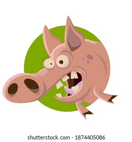 funny cartoon illustration of a pig in a green badge