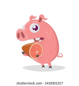 funny cartoon illustration of a pig holding a ham