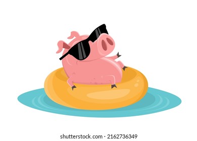 funny cartoon illustration of a pig on a floating tire