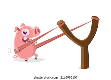 funny cartoon illustration of a pig in a slingshot svg