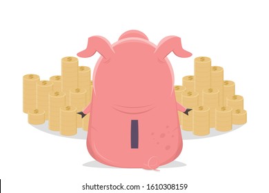 funny cartoon illustration of a piggy bank looking at money