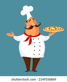 lustige Cartoon-Illustration eines Pizzakochs. Italienischer Koch, der eine köstliche Pizza hält.