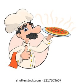 funny cartoon illustration of a pizza chef. Italian cook holding a delicious pizza. Isolated on white. Isolate.