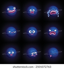 Divertida ilustración de dibujos animados del planeta Neptuno con diferentes expresiones. Sonriendo sorprendido llorando triste feliz enojado confundido sonrojándose caras durmientes emojis. Colores planos