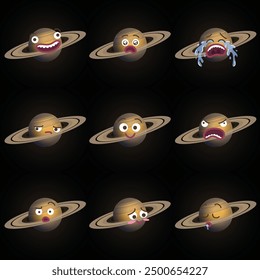 Divertida ilustración de dibujos animados del planeta Saturno con diferentes expresiones. Sonriendo sorprendido llorando triste feliz enojado confundido sonrojándose caras durmientes emojis. Colores planos