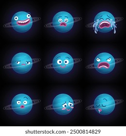 Divertida ilustración de dibujos animados del planeta Urano con diferentes expresiones. Sonriendo sorprendido llorando triste feliz enojado confundido sonrojándose caras durmientes emojis. Colores planos