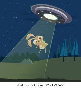funny cartoon illustration of a rabbit ufo abduction