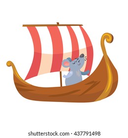 Funny cartoon illustration of rat in big viking ship. Illustration of bravery and discover