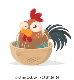 funny cartoon illustration of a rooster in a basket