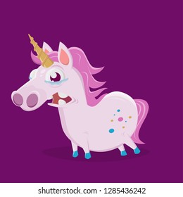 funny cartoon illustration of a sad unicorn 