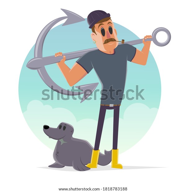 funny cartoon illustration of a sailor with anchor\
and seal
